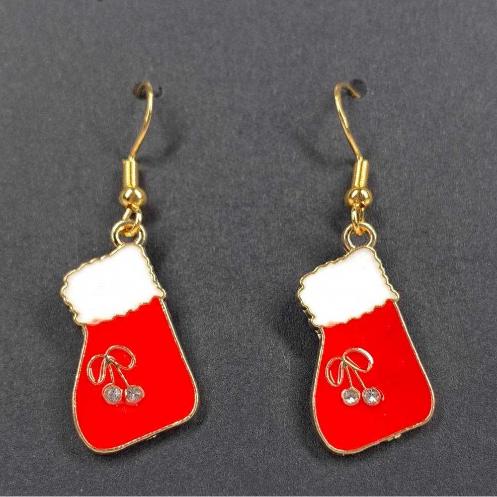 5/$25 Christmas Stocking Earrings Red White Enamel with Bow & Rhinestones Dangle